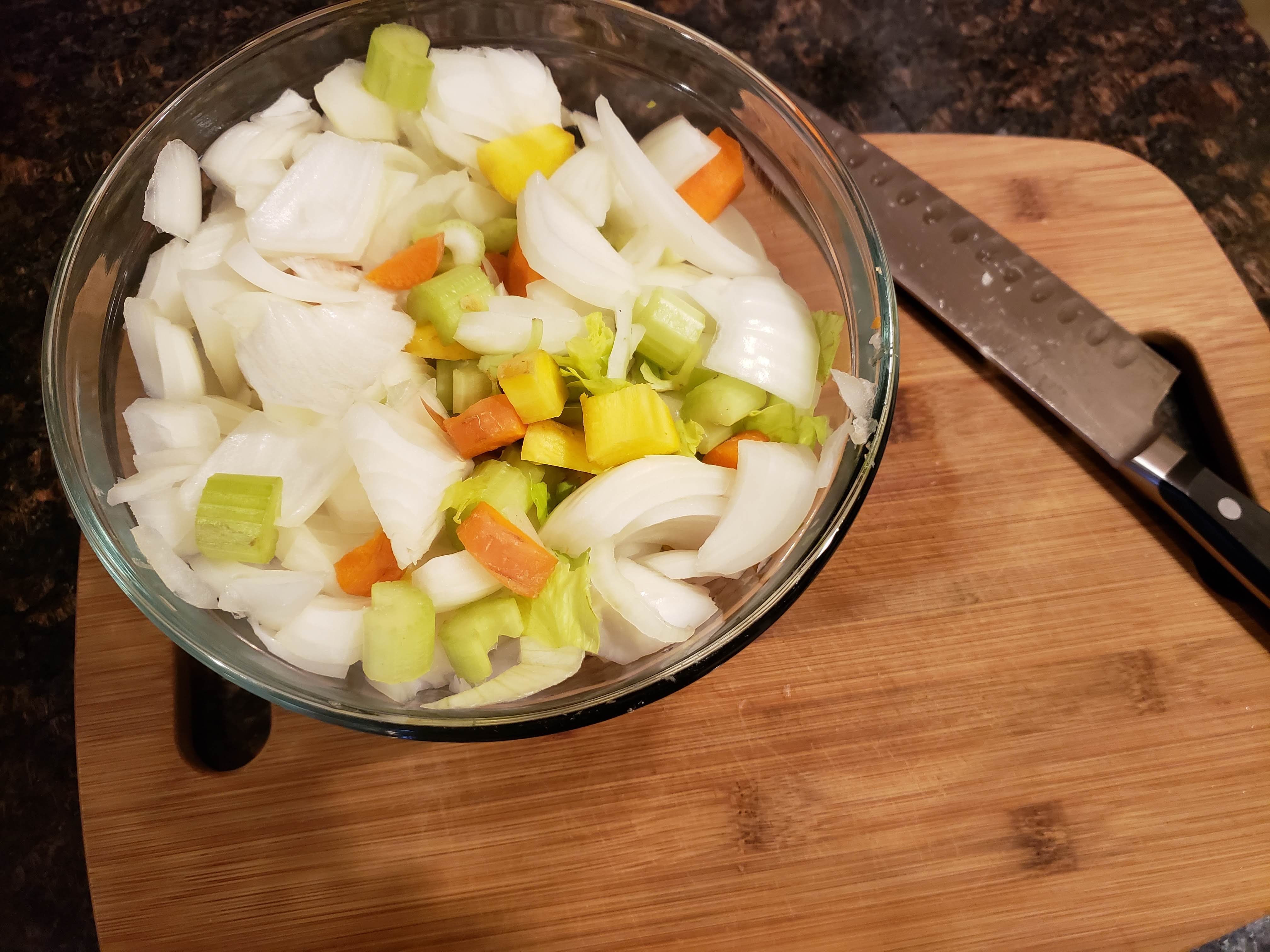 Rough chopped onion, carrots, celery
