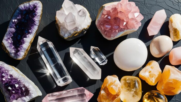 A variety of Crystals on a black background. Clear Quartz, Citrine, Amethyst