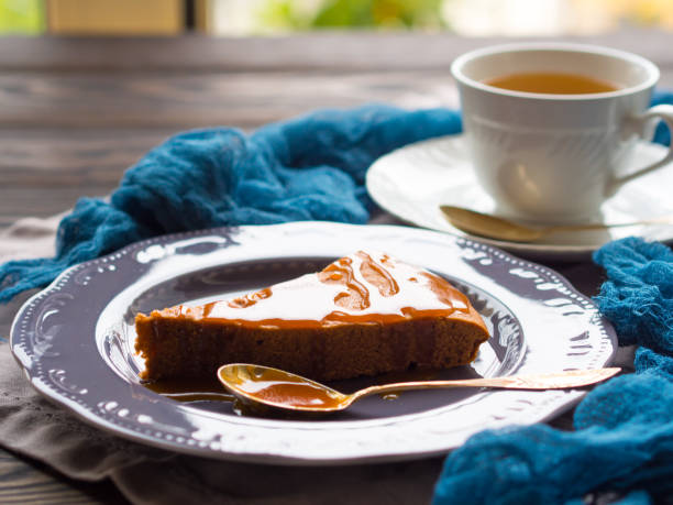 Sweet Potato Olive Oil cake with caramel on rustic background