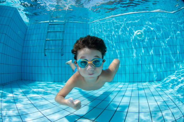 Underwater Young Boy Fun in the Swimming Pool with Goggles
